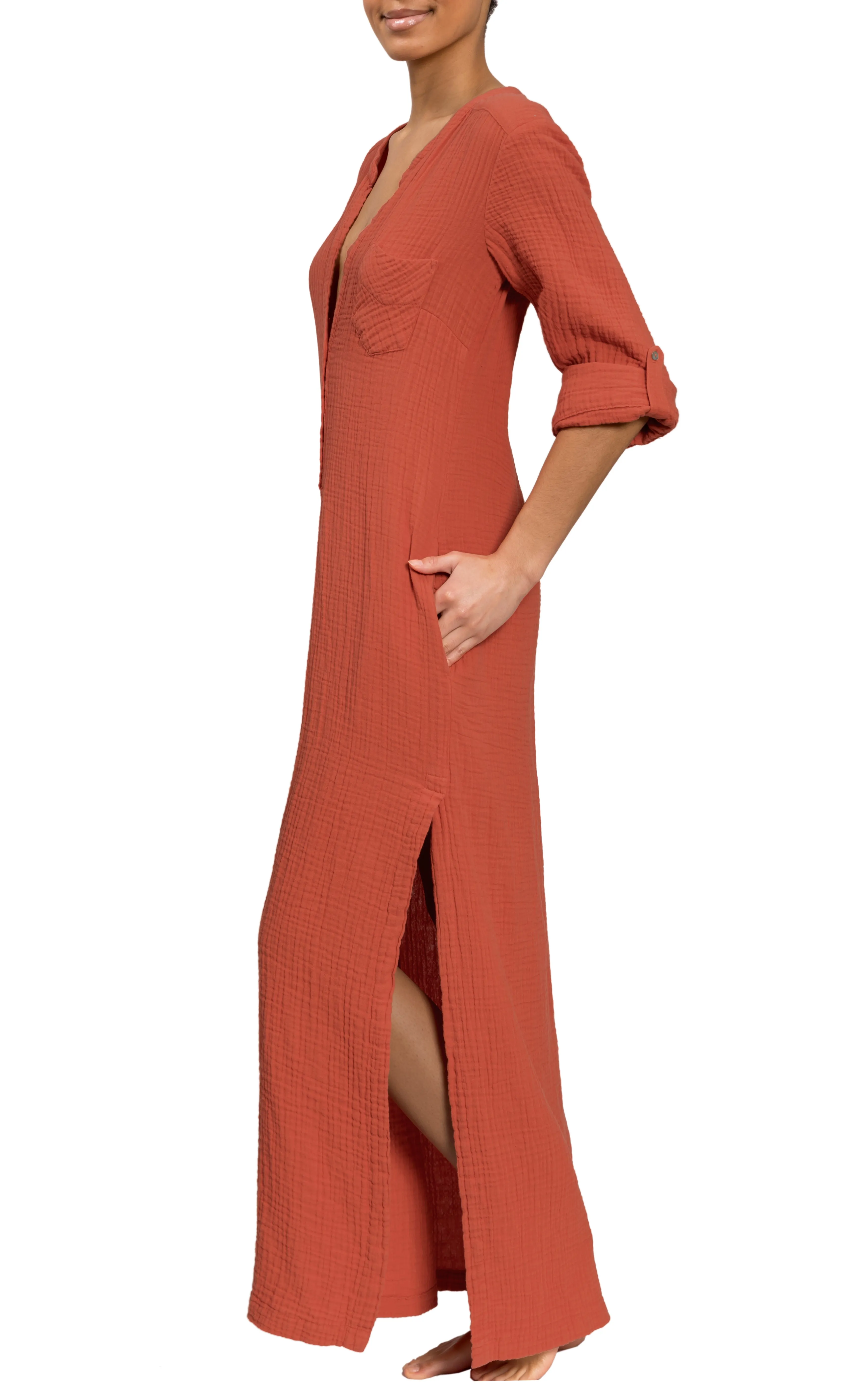 Tracey Caftan - Persimmon Cotton Bubble Gauze