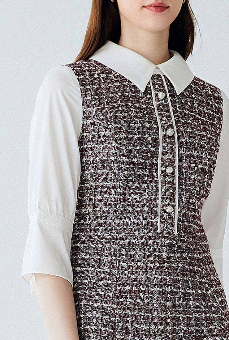 Tweed Chiffon Patchwork A-line Slim Shirt Dress