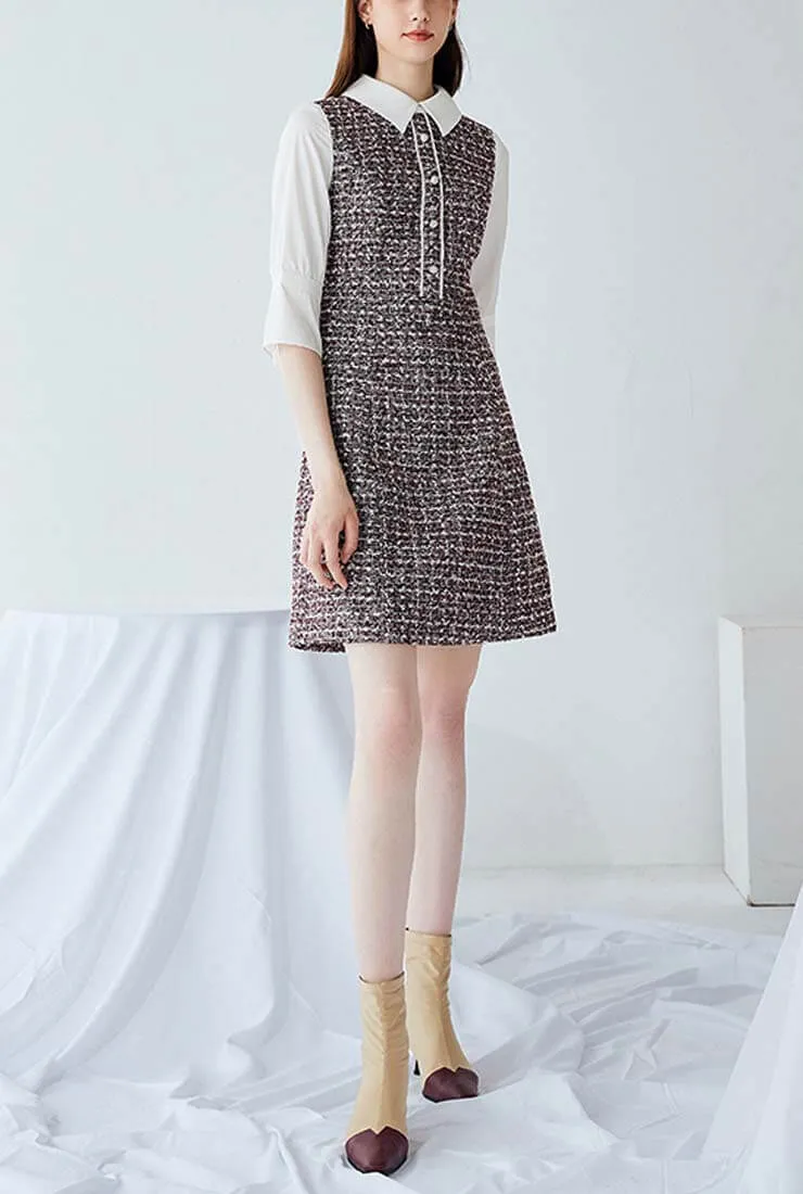 Tweed Chiffon Patchwork A-line Slim Shirt Dress