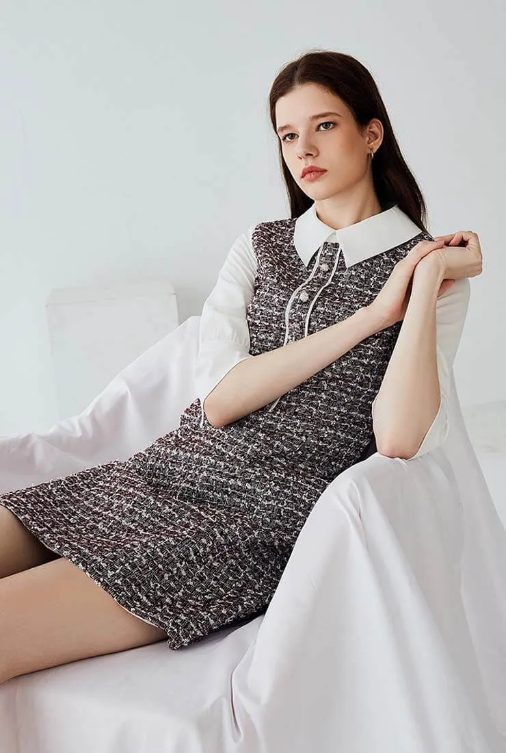 Tweed Chiffon Patchwork A-line Slim Shirt Dress