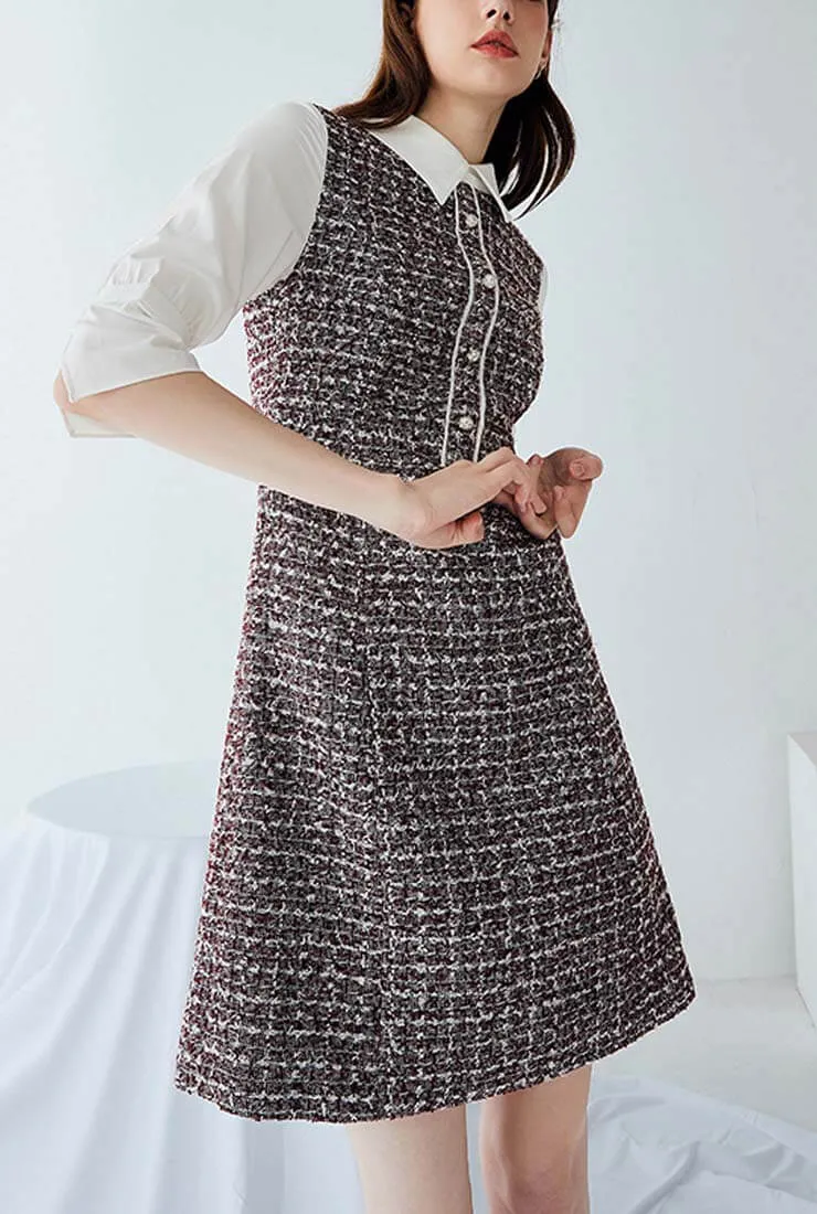 Tweed Chiffon Patchwork A-line Slim Shirt Dress