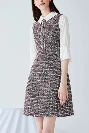 Tweed Chiffon Patchwork A-line Slim Shirt Dress