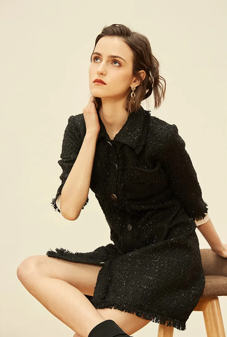 Tweed Single-breasted A-line Slim Shirt Dress