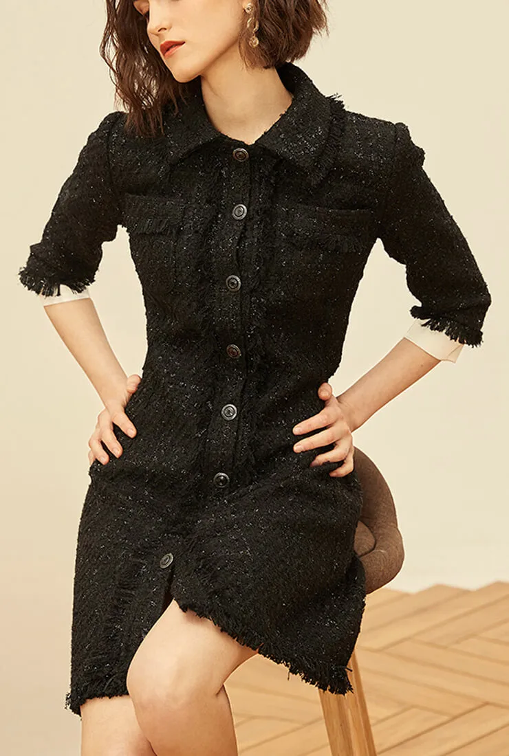 Tweed Single-breasted A-line Slim Shirt Dress