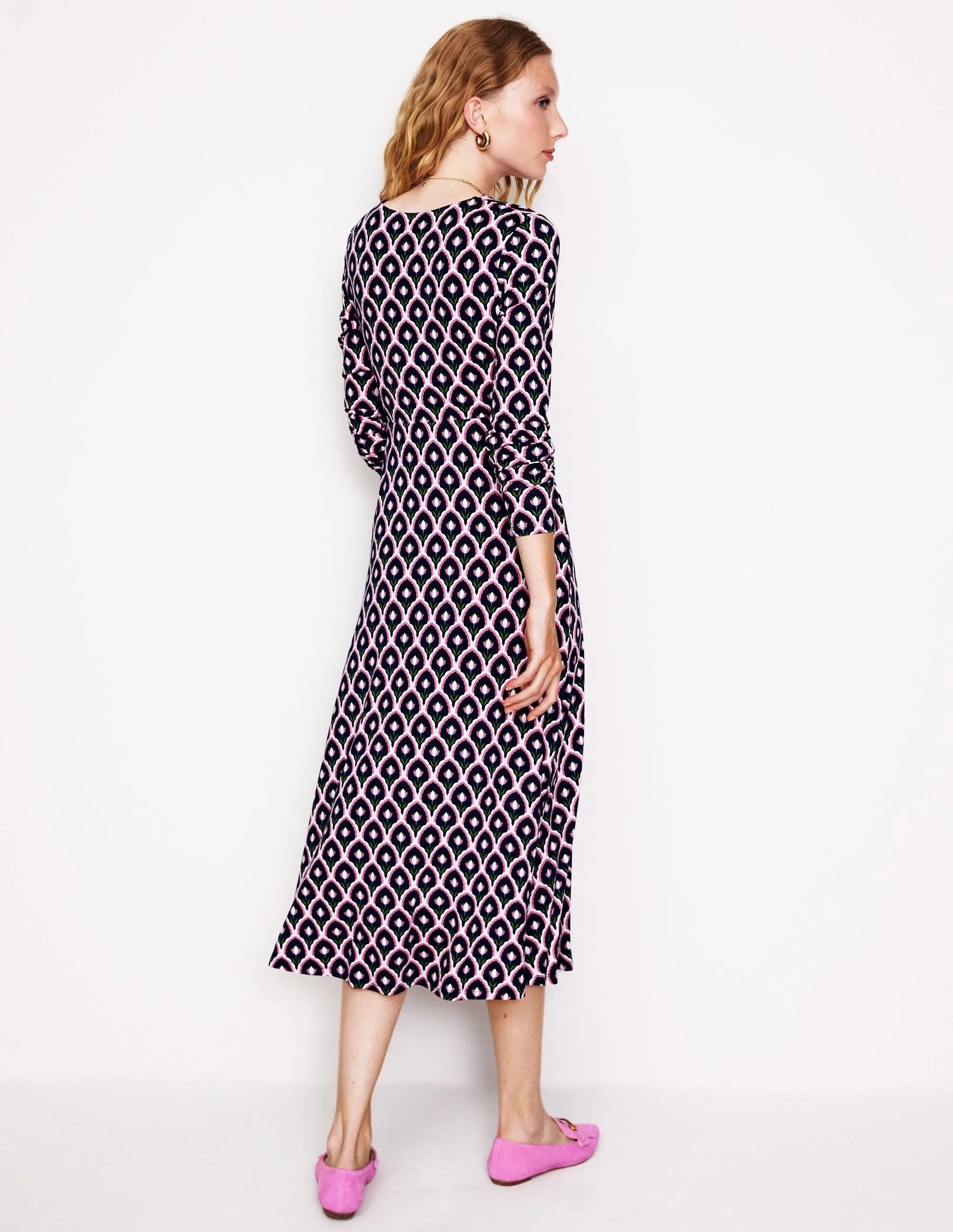 Twisted Waist Jersey Dress-Navy, Tulip Scallop