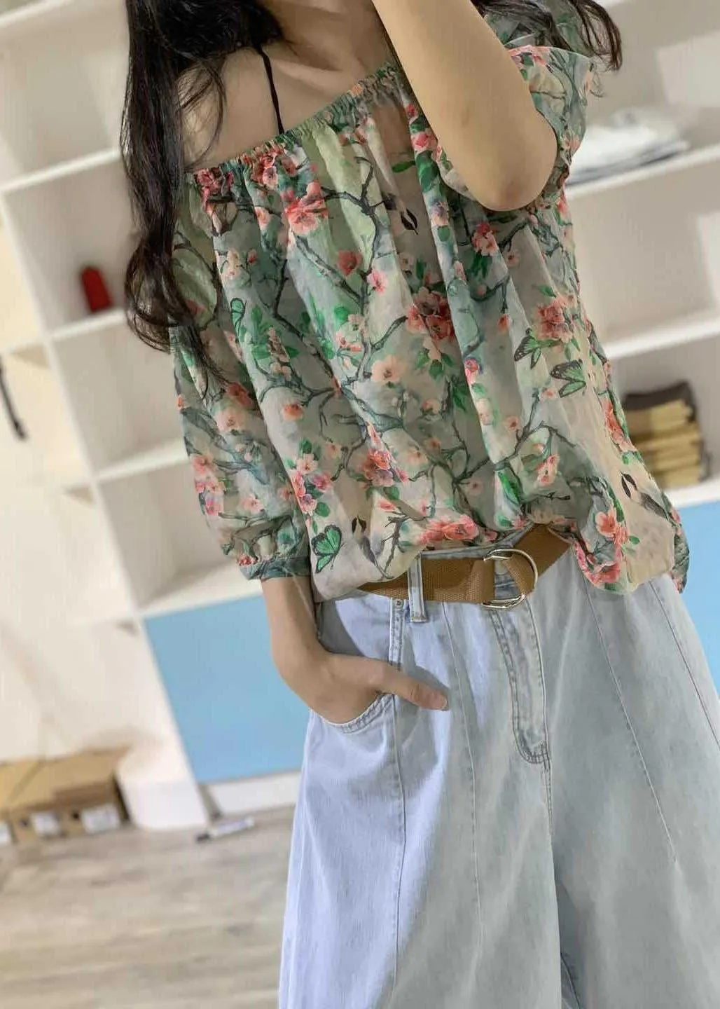 Unique prints linen clothes half sleeve box fall blouses