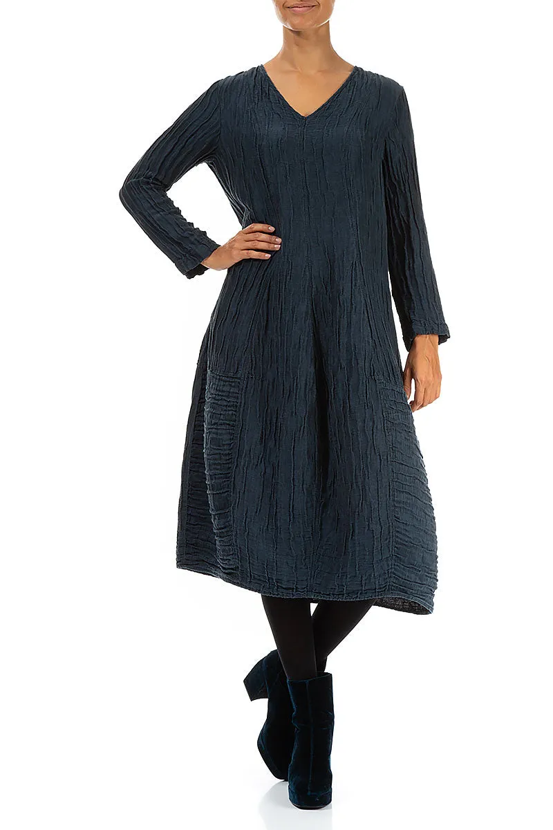 V-Neck Crinkled Midnight Blue Silk Linen Dress