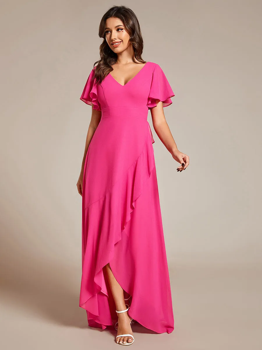 V Neck High Low Ruffles Chiffon Wholesale Bridesmaid Dresses