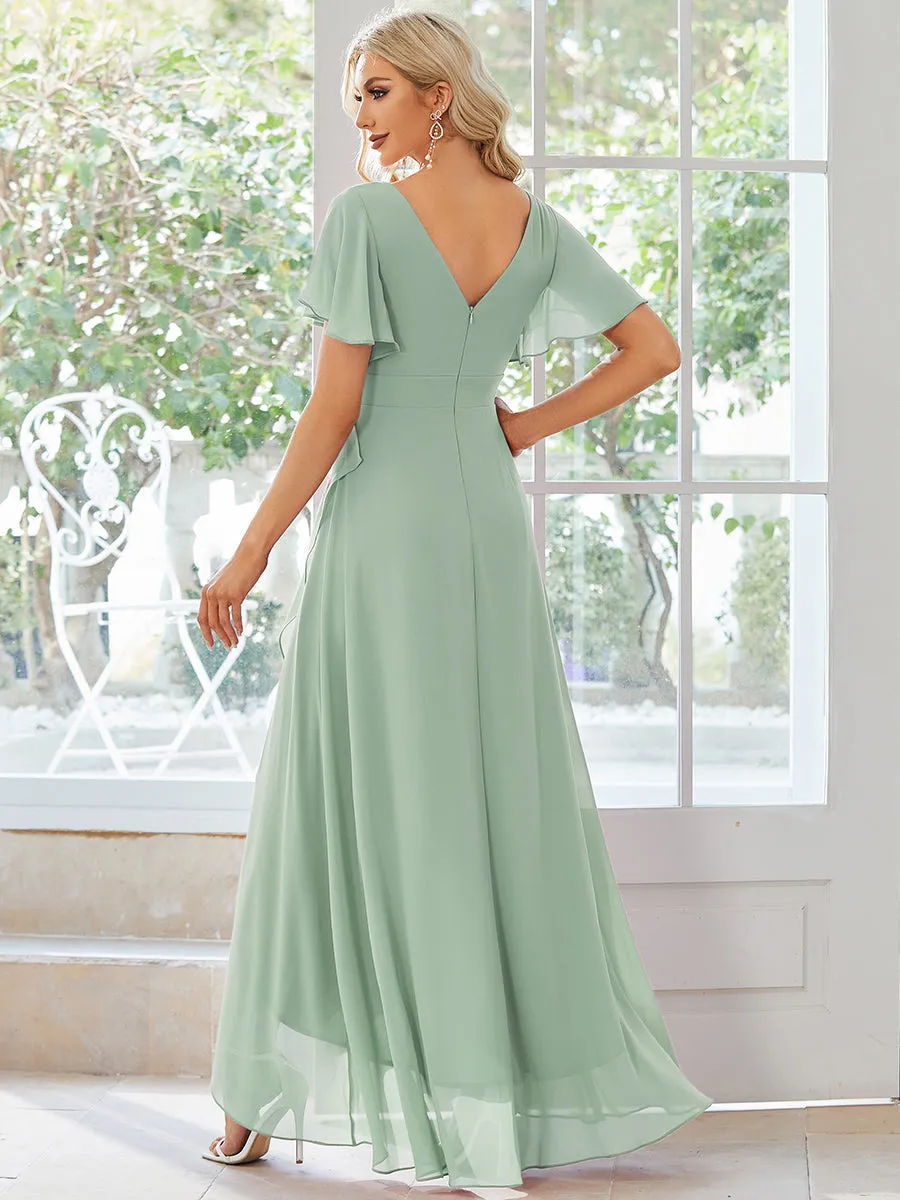 V Neck High Low Ruffles Chiffon Wholesale Bridesmaid Dresses