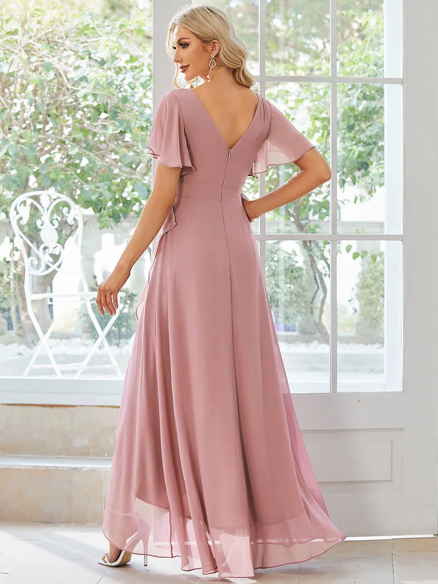 V Neck High Low Ruffles Chiffon Wholesale Bridesmaid Dresses