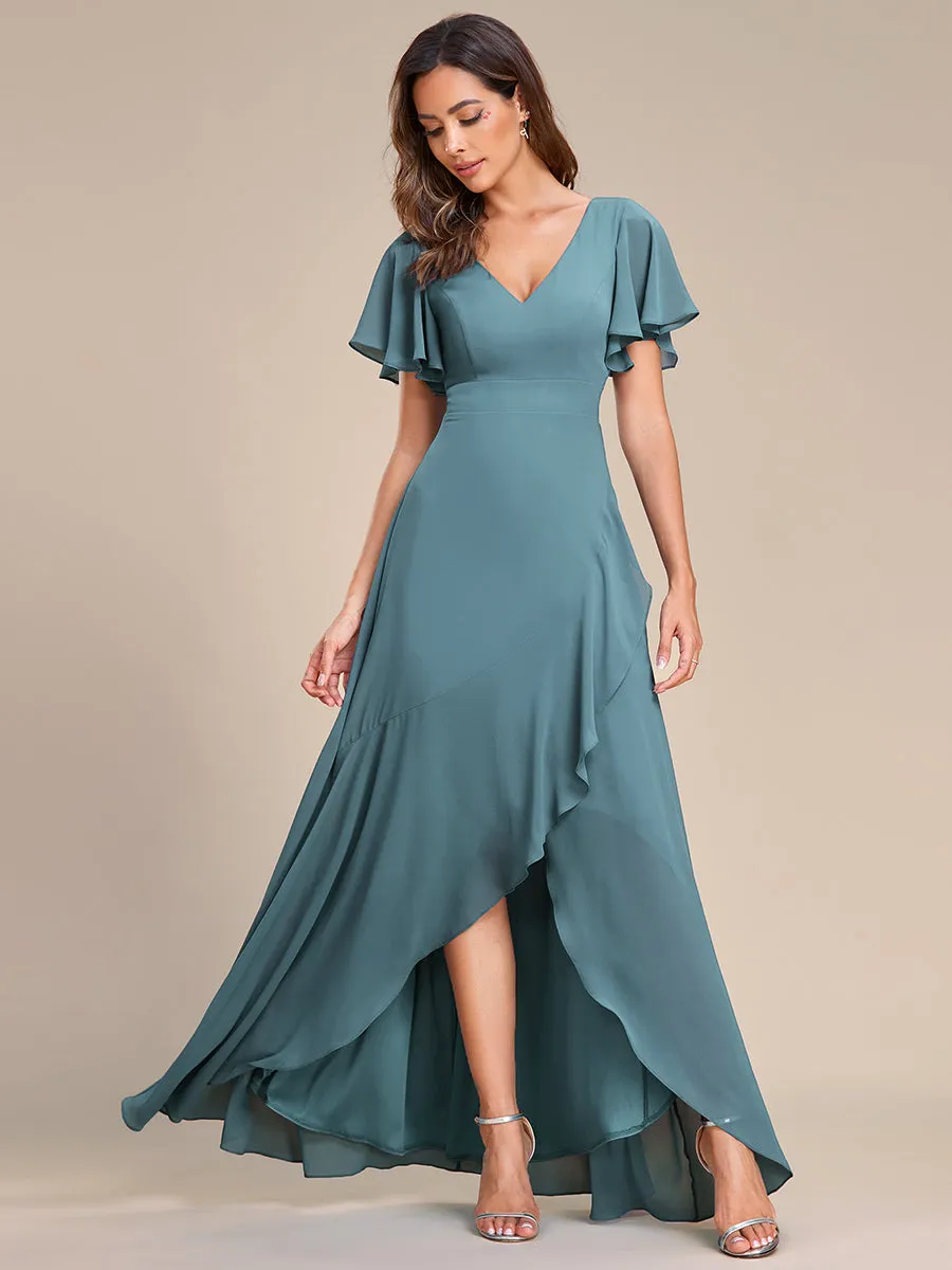 V Neck High Low Ruffles Chiffon Wholesale Bridesmaid Dresses