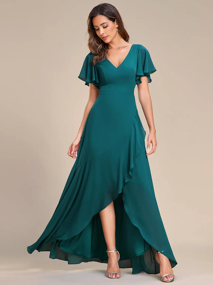 V Neck High Low Ruffles Chiffon Wholesale Bridesmaid Dresses