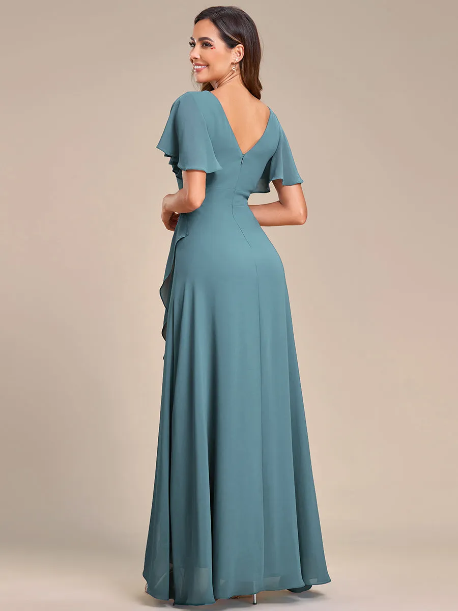 V Neck High Low Ruffles Chiffon Wholesale Bridesmaid Dresses