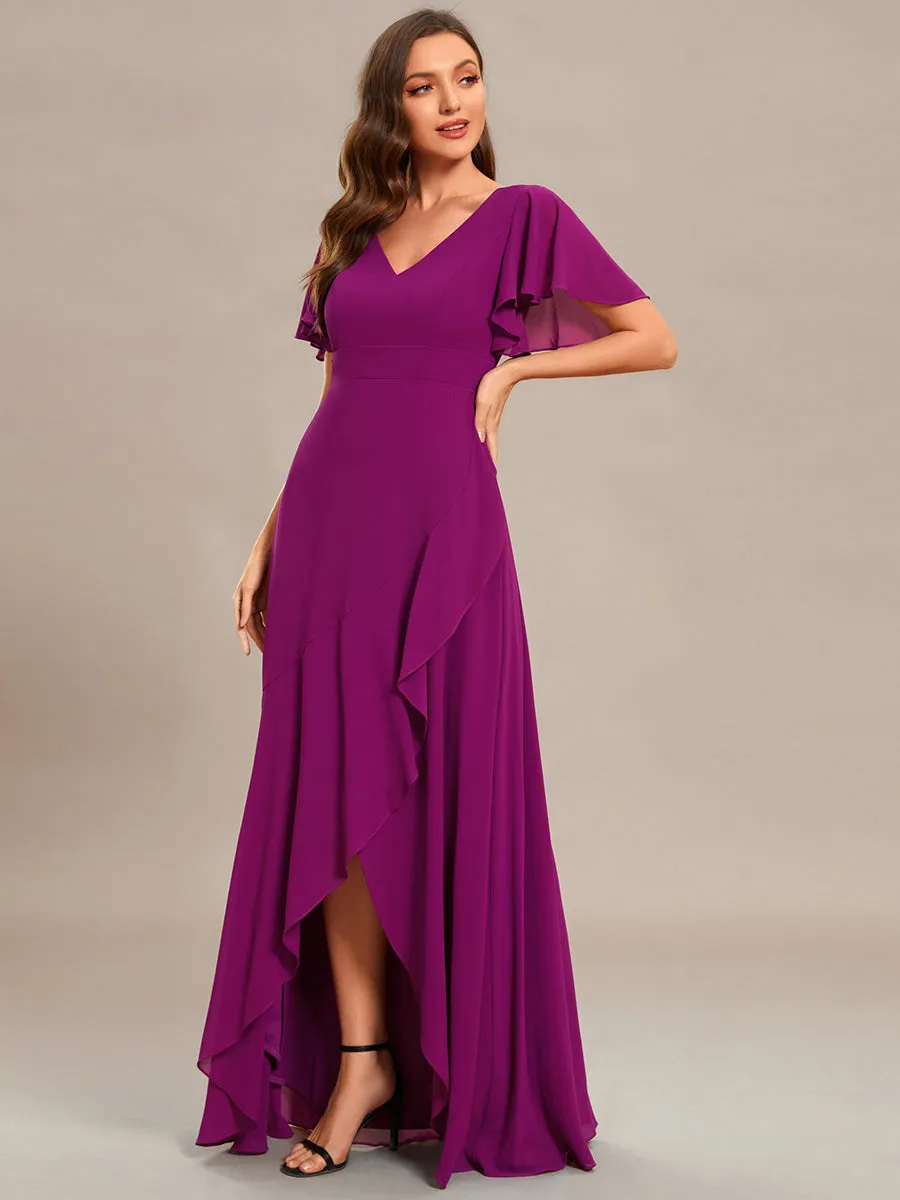 V Neck High Low Ruffles Chiffon Wholesale Bridesmaid Dresses