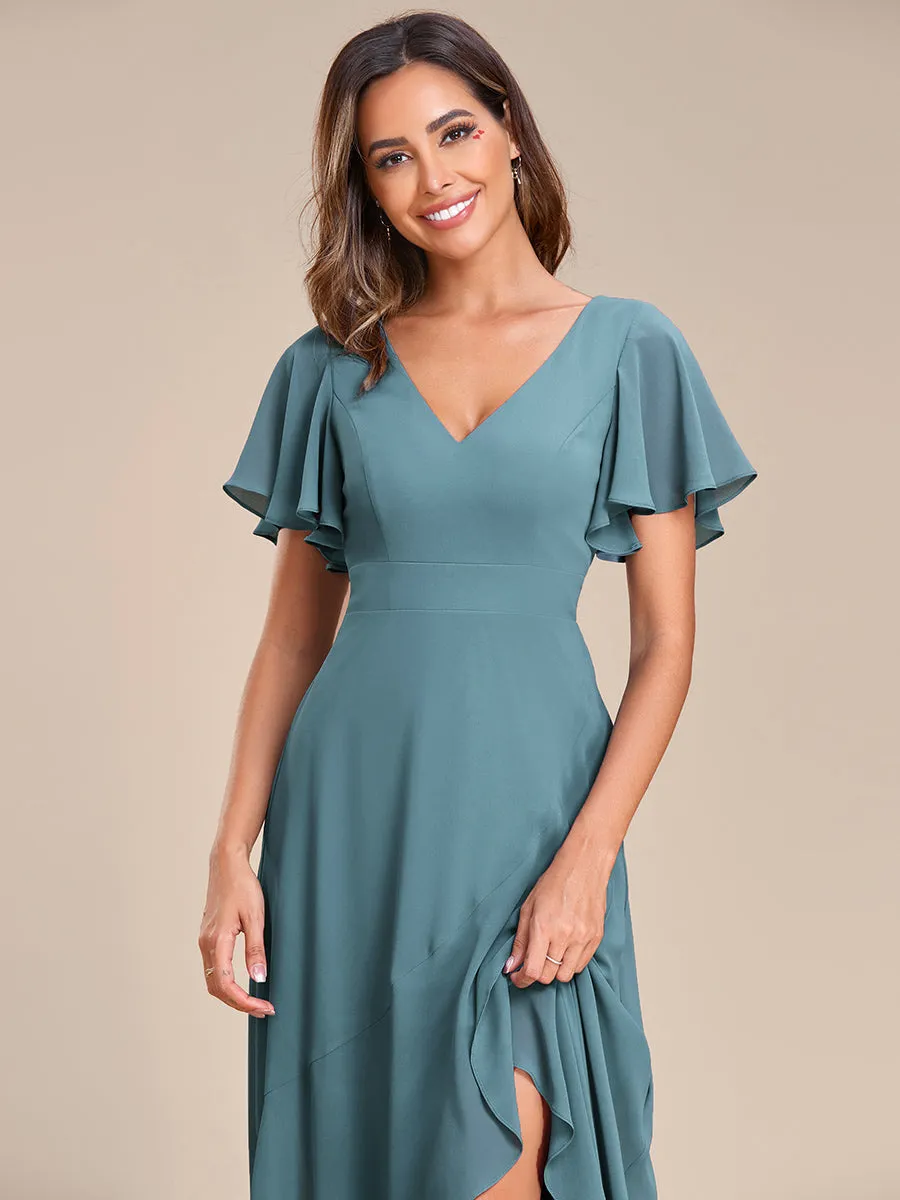 V Neck High Low Ruffles Chiffon Wholesale Bridesmaid Dresses