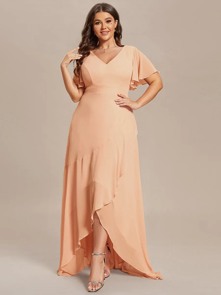 V Neck High Low Ruffles Chiffon Wholesale Bridesmaid Dresses