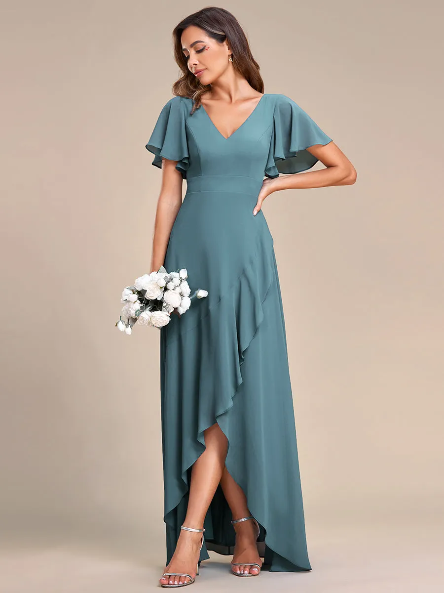 V Neck High Low Ruffles Chiffon Wholesale Bridesmaid Dresses