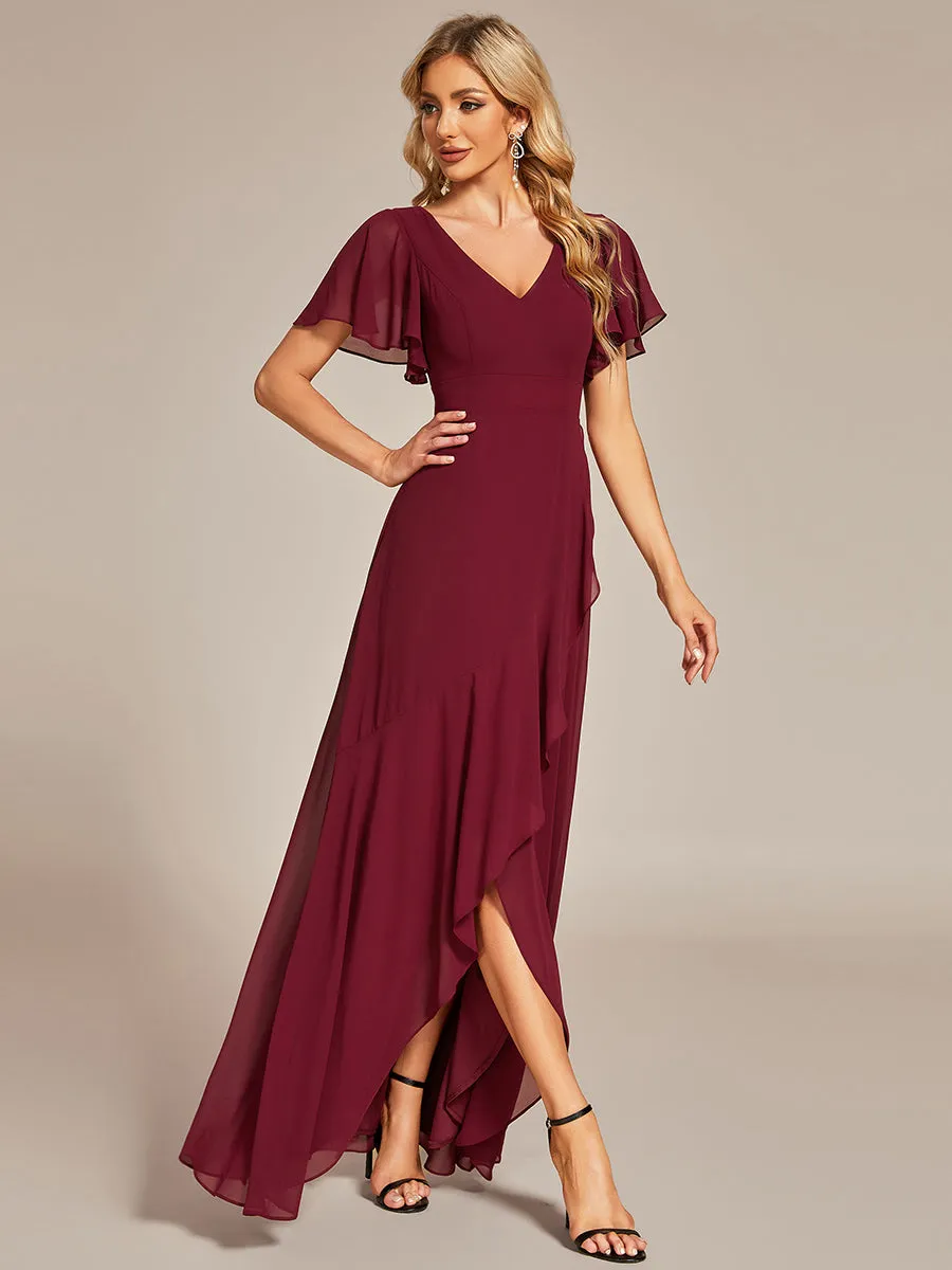 V Neck High Low Ruffles Chiffon Wholesale Bridesmaid Dresses