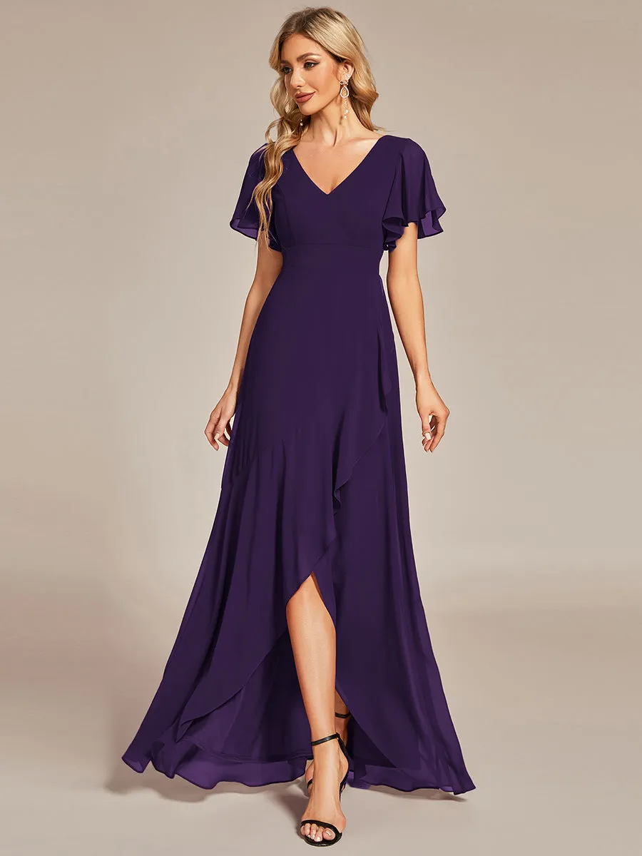 V Neck High Low Ruffles Chiffon Wholesale Bridesmaid Dresses