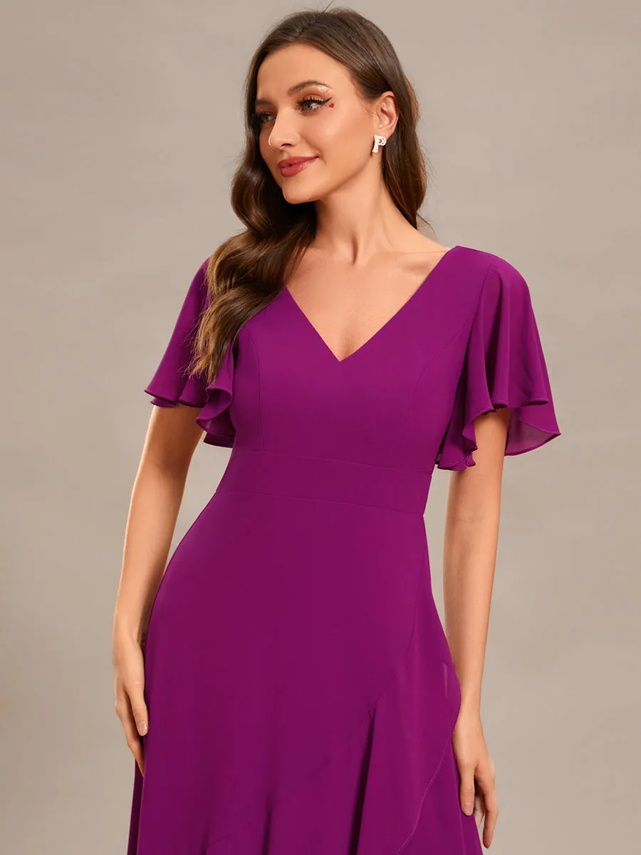 V Neck High Low Ruffles Chiffon Wholesale Bridesmaid Dresses