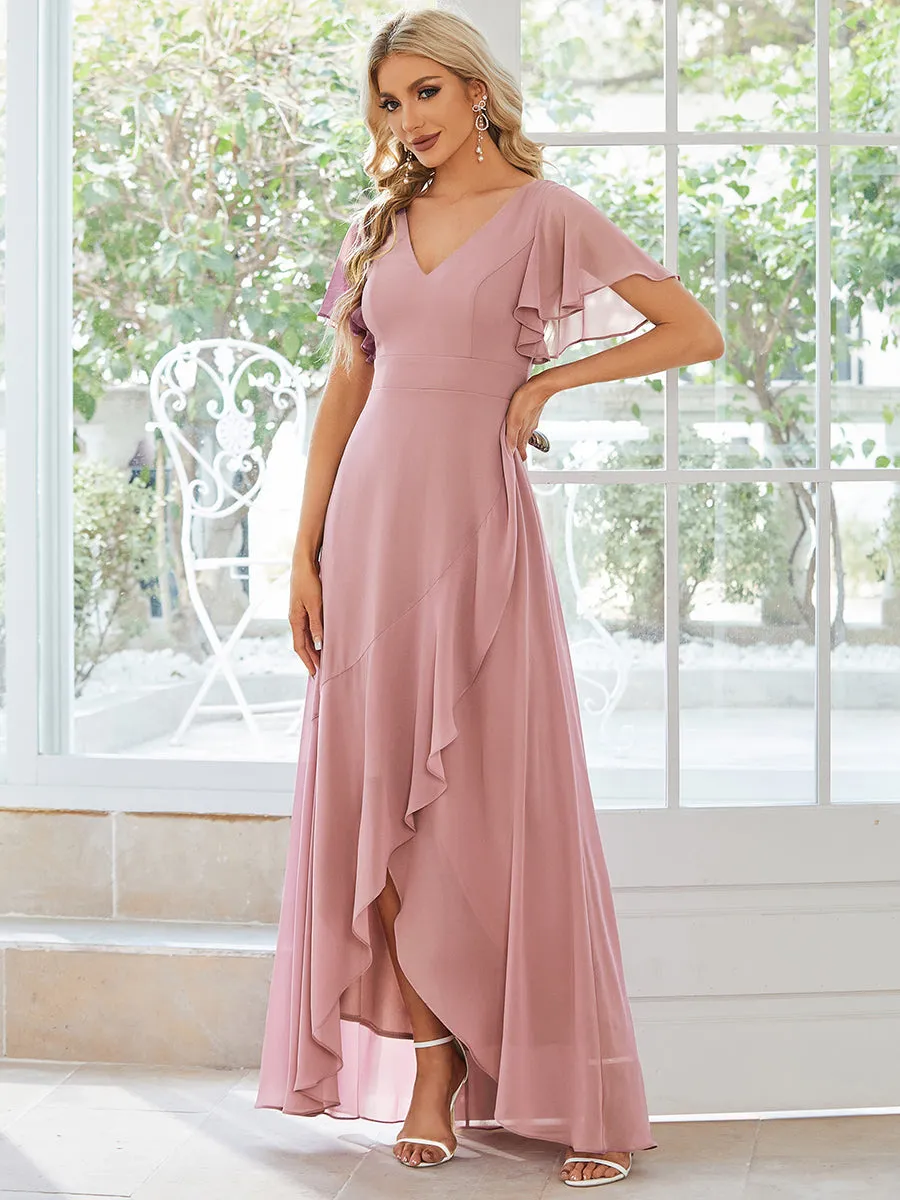 V Neck High Low Ruffles Chiffon Wholesale Bridesmaid Dresses