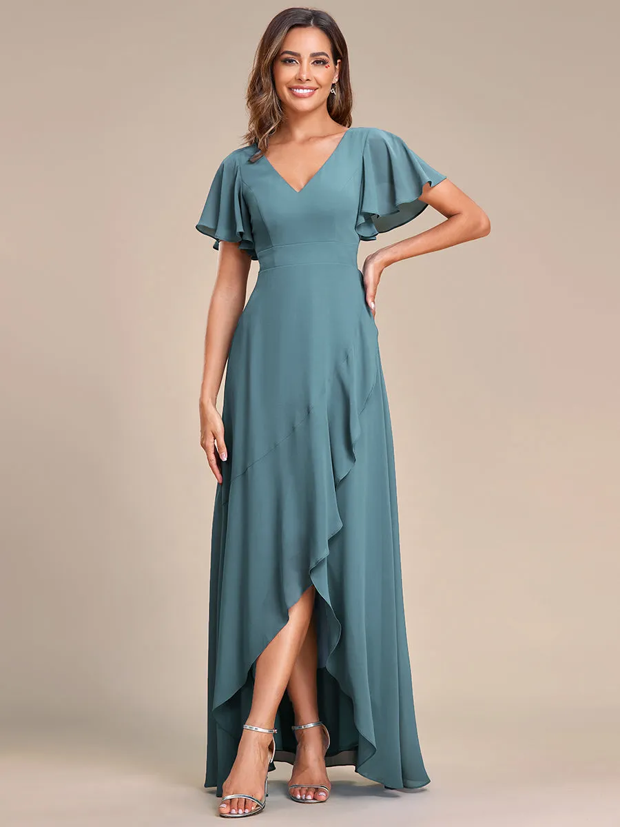 V Neck High Low Ruffles Chiffon Wholesale Bridesmaid Dresses