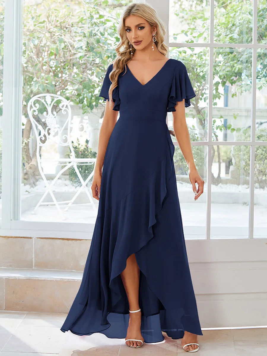 V Neck High Low Ruffles Chiffon Wholesale Bridesmaid Dresses