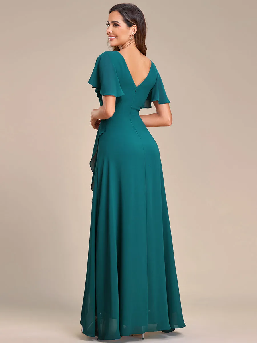 V Neck High Low Ruffles Chiffon Wholesale Bridesmaid Dresses