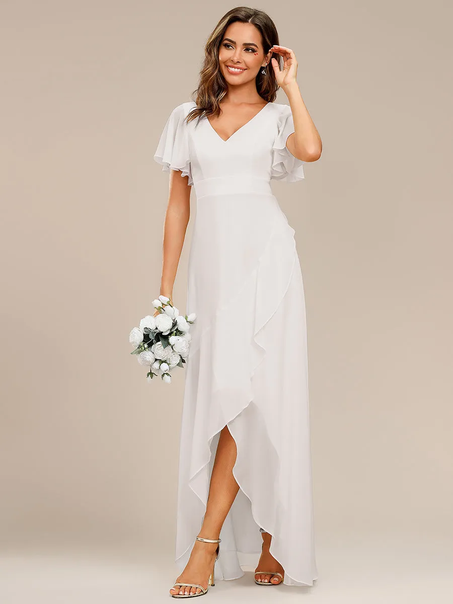 V Neck High Low Ruffles Chiffon Wholesale Bridesmaid Dresses