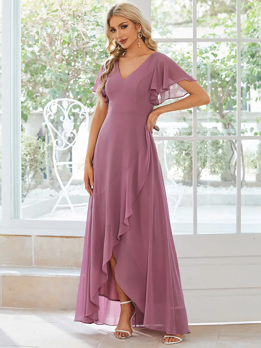 V Neck High Low Ruffles Chiffon Wholesale Bridesmaid Dresses