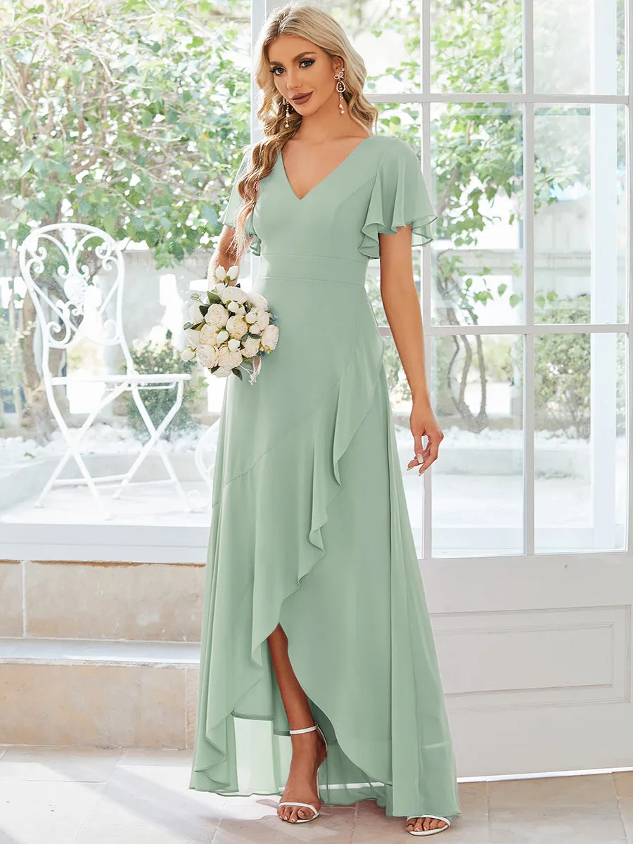 V Neck High Low Ruffles Chiffon Wholesale Bridesmaid Dresses