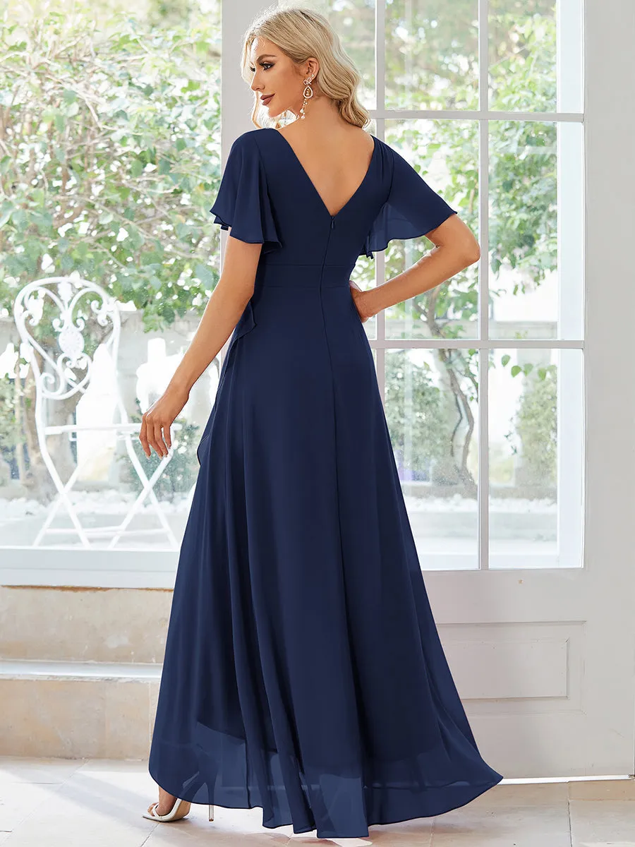 V Neck High Low Ruffles Chiffon Wholesale Bridesmaid Dresses