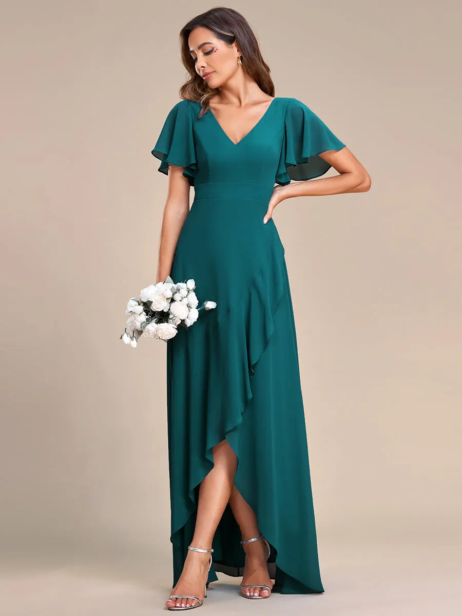 V Neck High Low Ruffles Chiffon Wholesale Bridesmaid Dresses