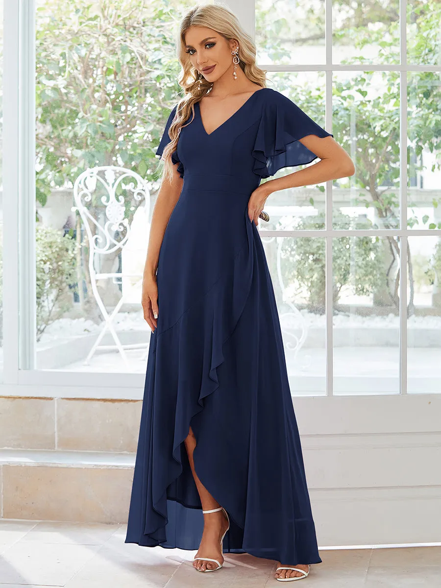 V Neck High Low Ruffles Chiffon Wholesale Bridesmaid Dresses