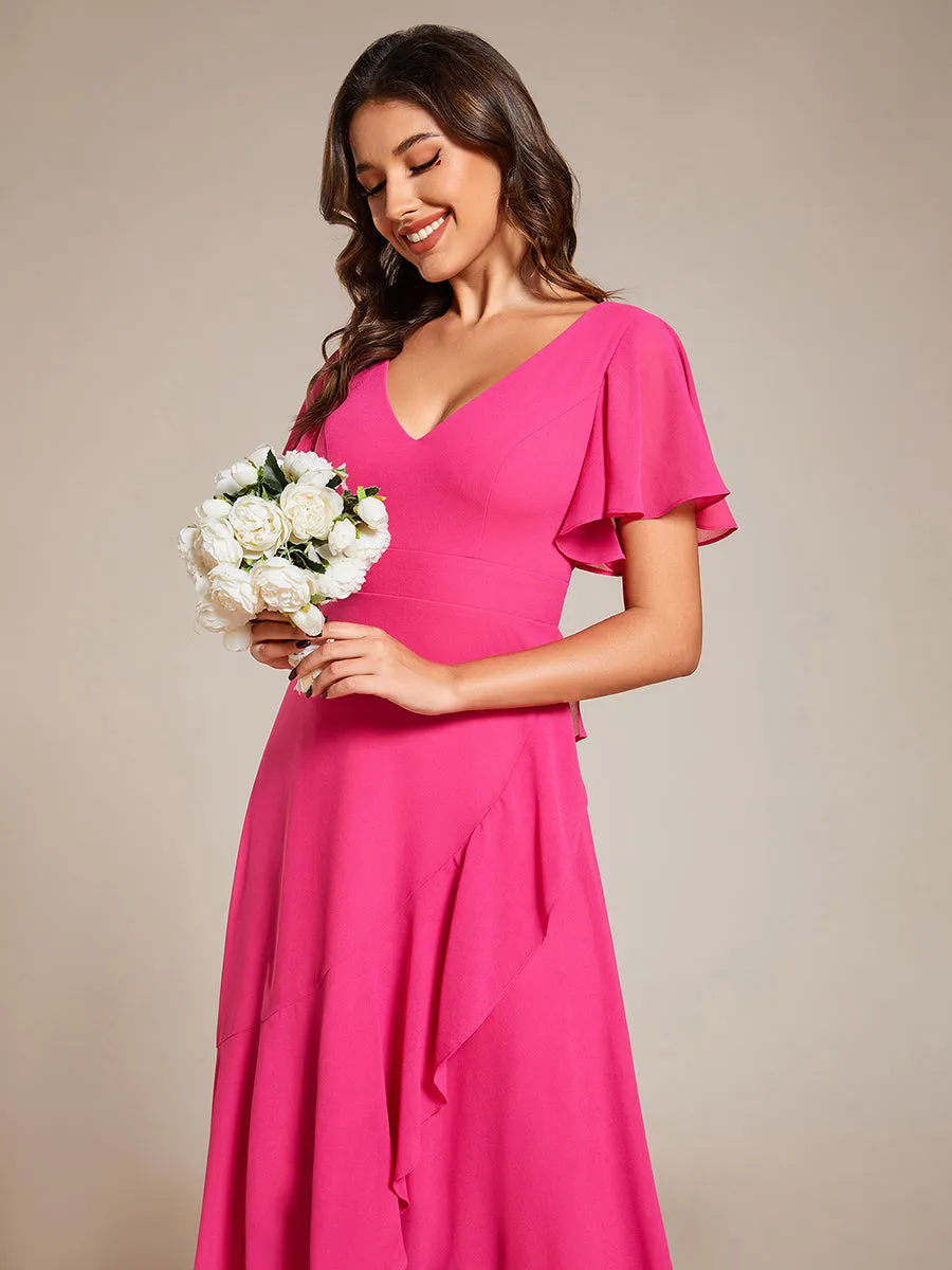 V Neck High Low Ruffles Chiffon Wholesale Bridesmaid Dresses