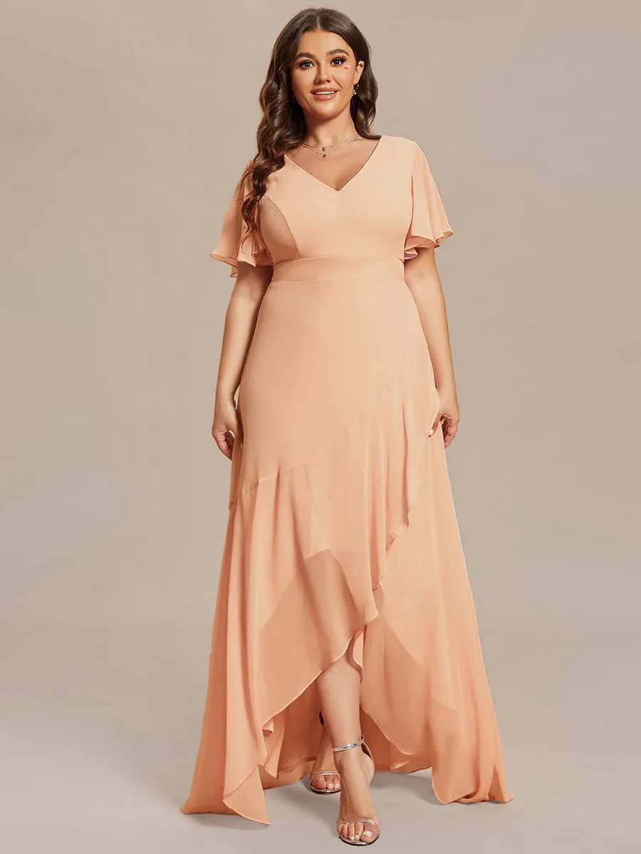 V Neck High Low Ruffles Chiffon Wholesale Bridesmaid Dresses