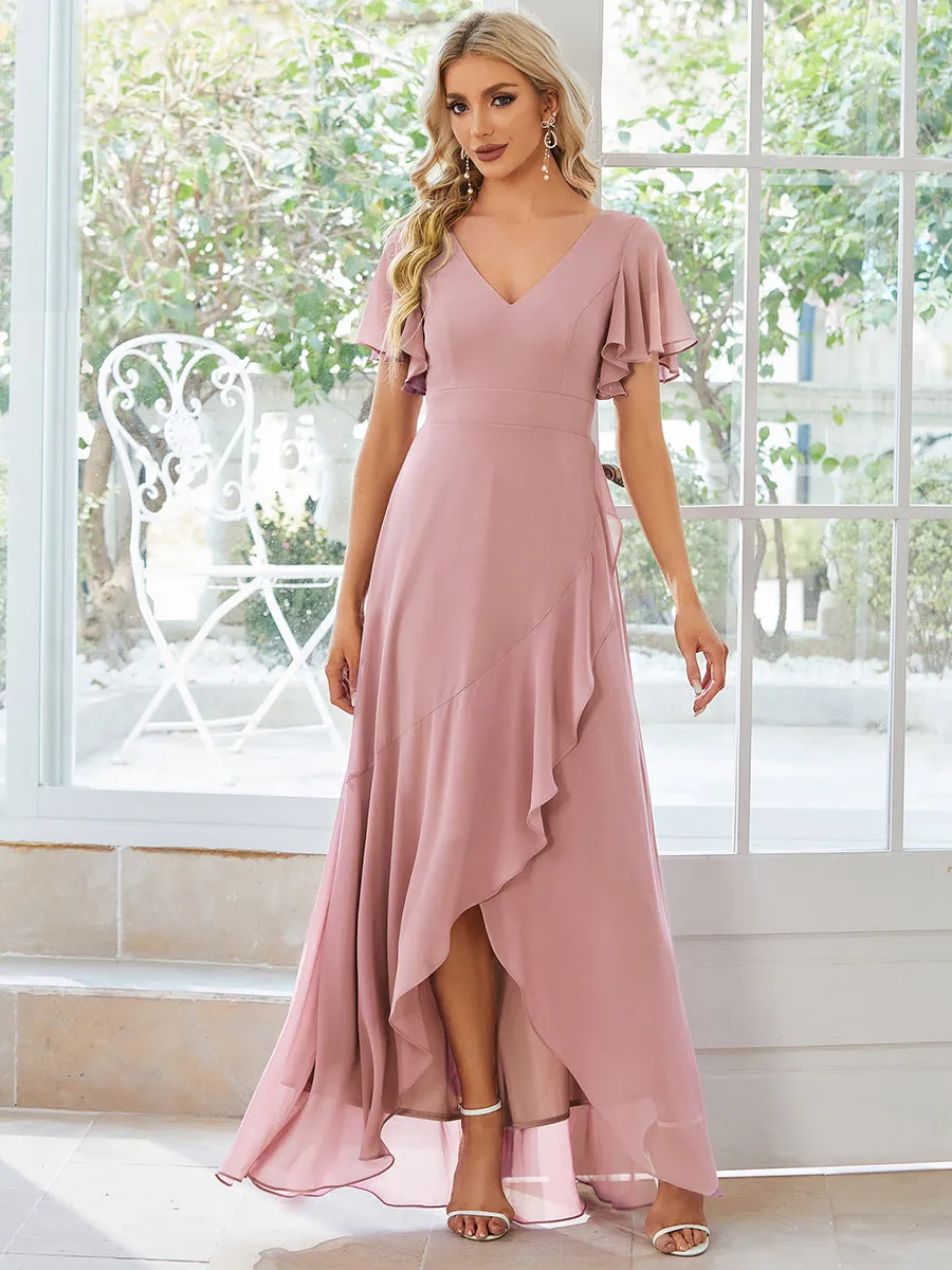 V Neck High Low Ruffles Chiffon Wholesale Bridesmaid Dresses