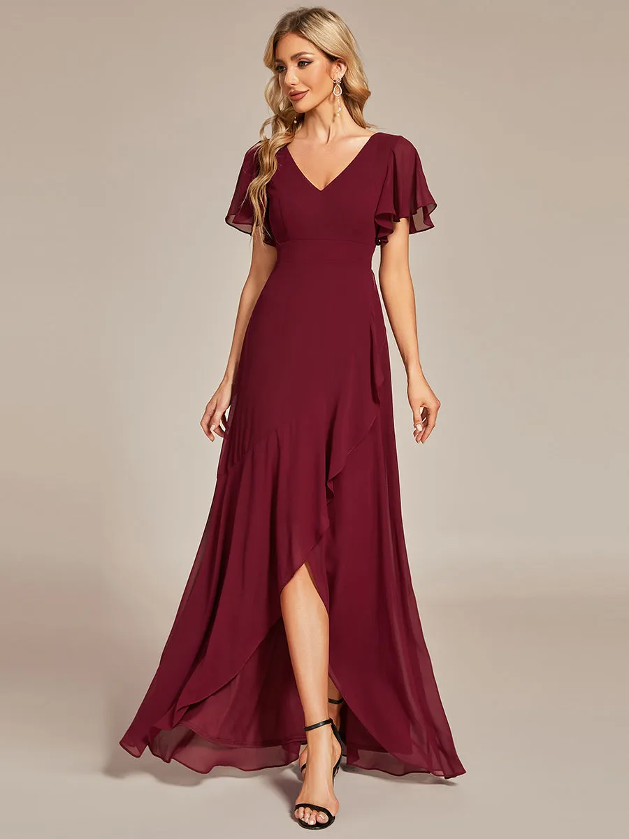 V Neck High Low Ruffles Chiffon Wholesale Bridesmaid Dresses