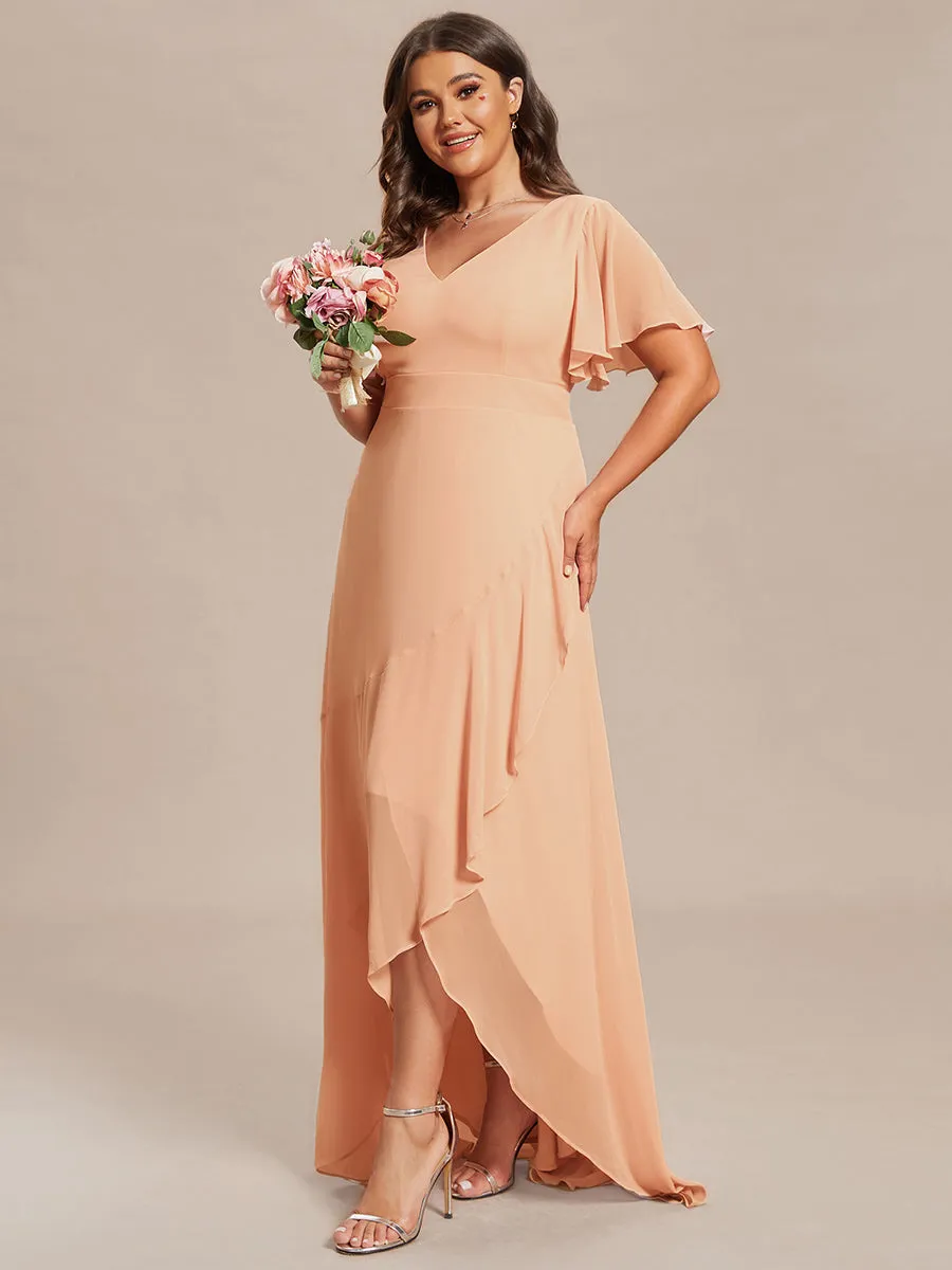 V Neck High Low Ruffles Chiffon Wholesale Bridesmaid Dresses