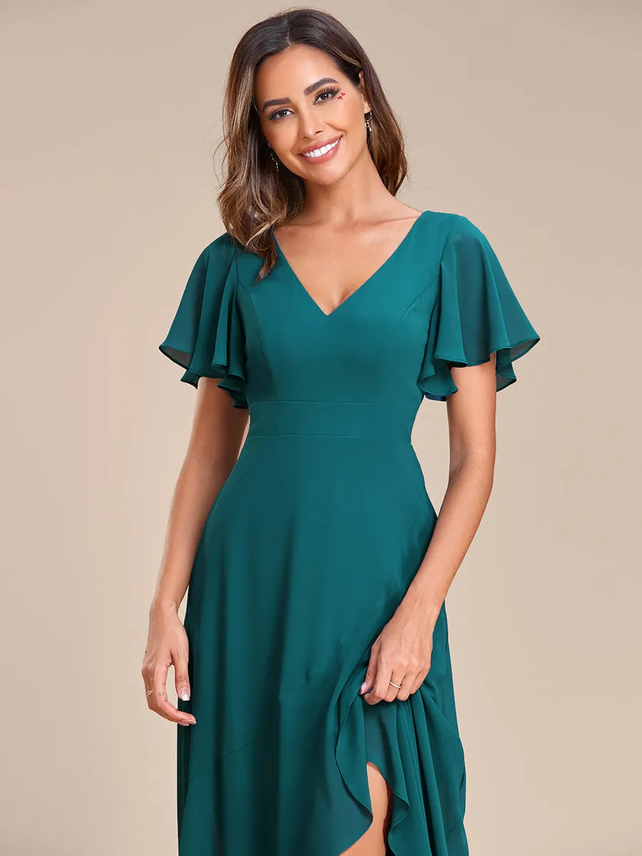 V Neck High Low Ruffles Chiffon Wholesale Bridesmaid Dresses