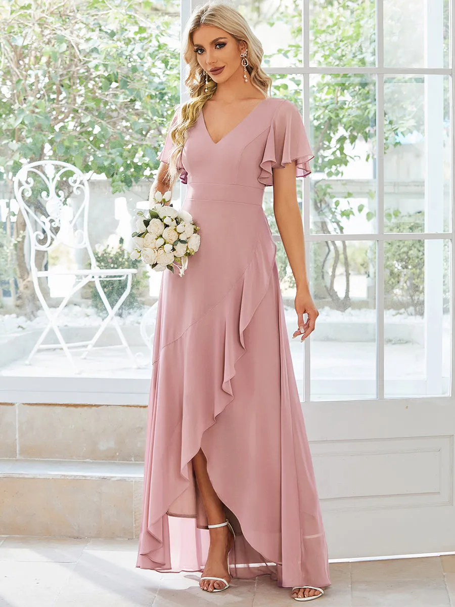 V Neck High Low Ruffles Chiffon Wholesale Bridesmaid Dresses