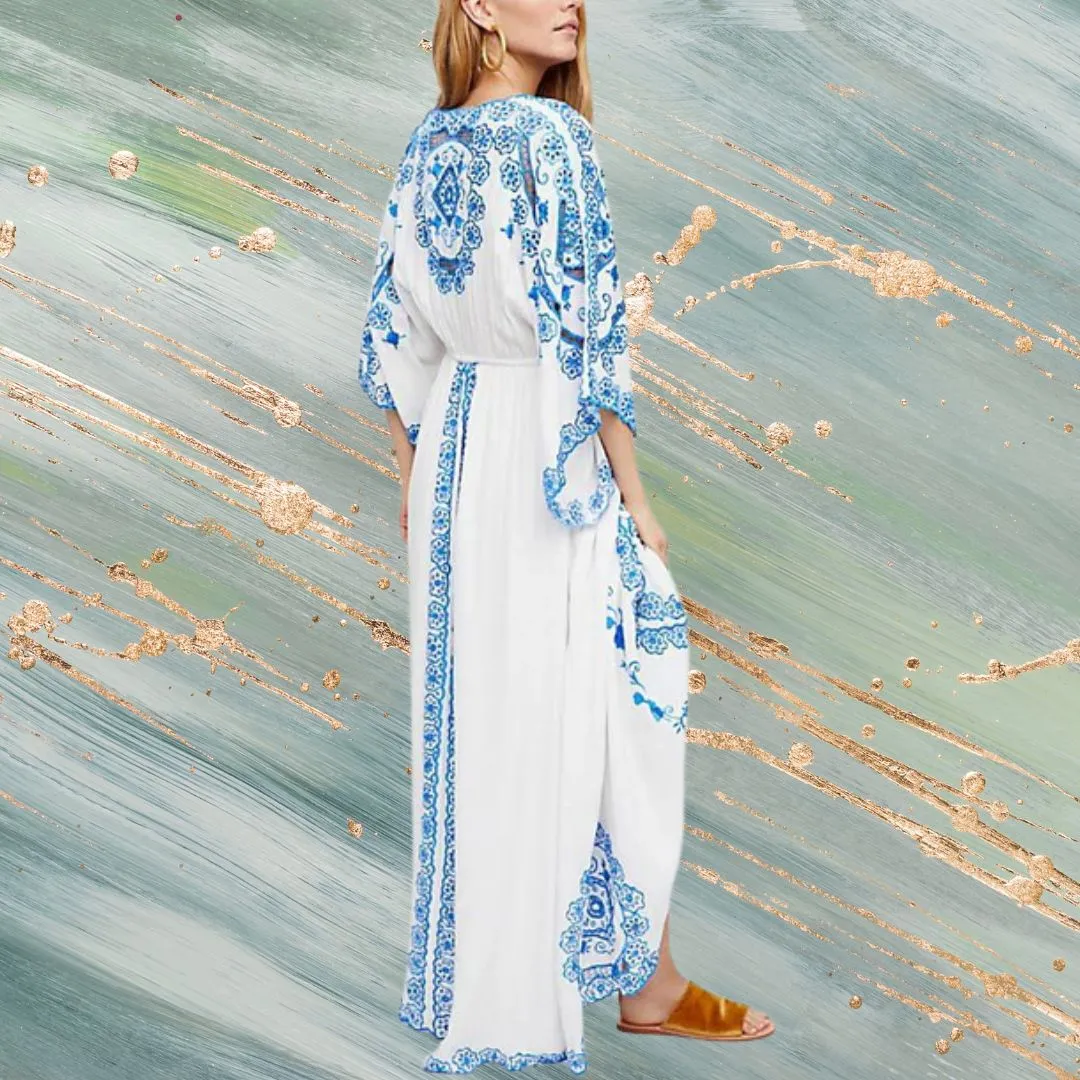 White V-Neck Long Sleeves Embroidered Boho Maxi Dress