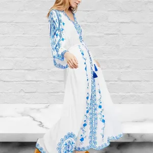 White V-Neck Long Sleeves Embroidered Boho Maxi Dress