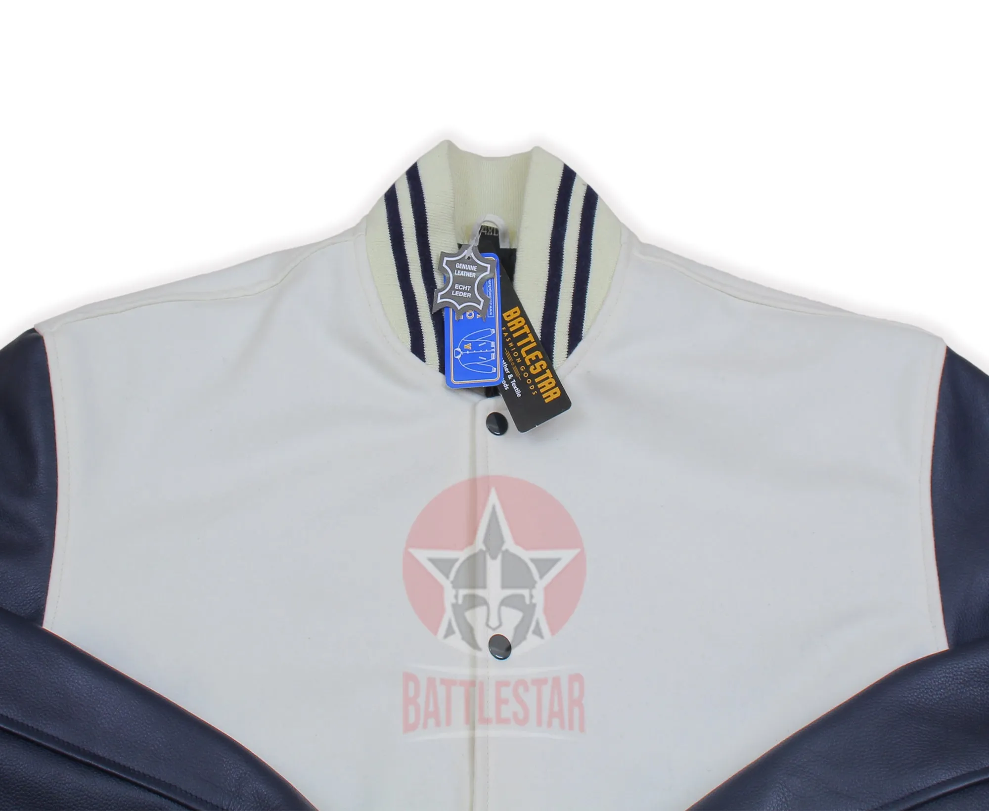 White Wool Varsity Jacket Navy Blue Leather Sleeves