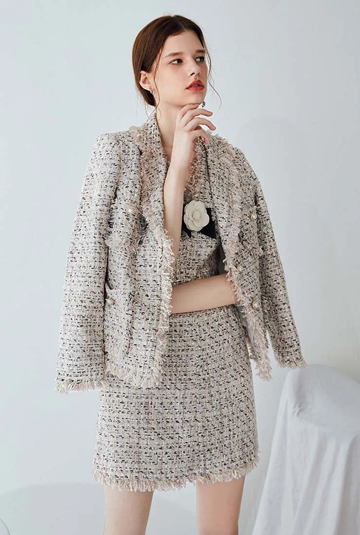 Women Classic Tweed Tassels Lapel Jacket