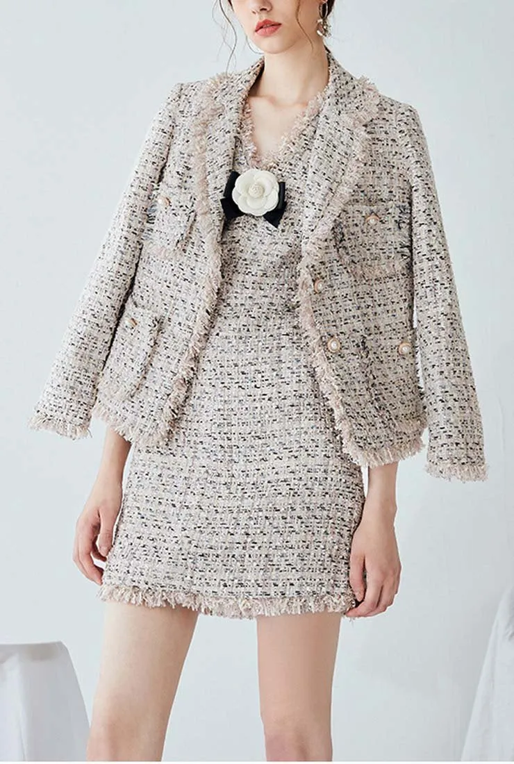 Women Classic Tweed Tassels Lapel Jacket