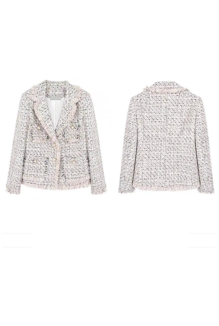 Women Classic Tweed Tassels Lapel Jacket