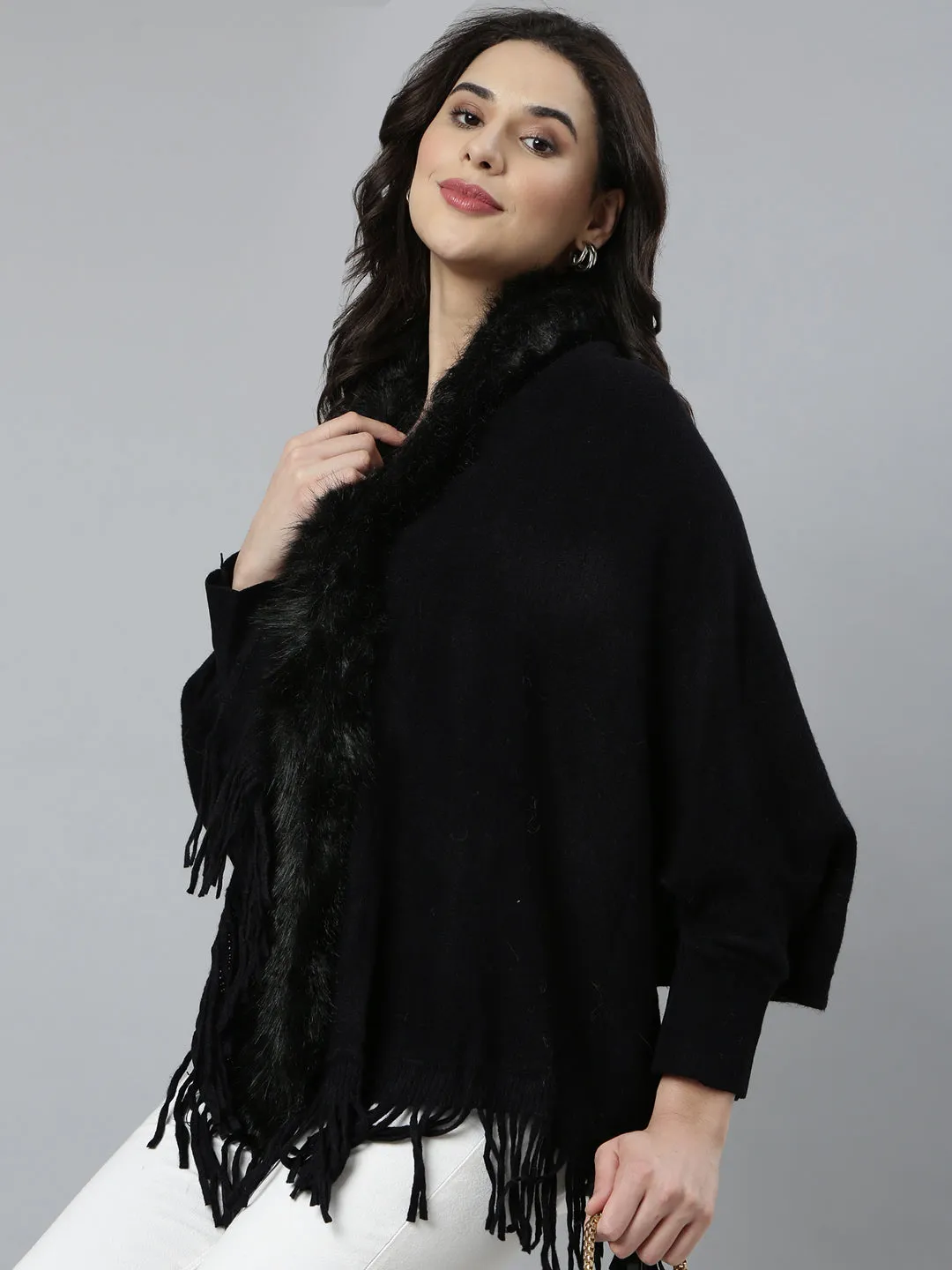 Women Solid Longline Black Poncho