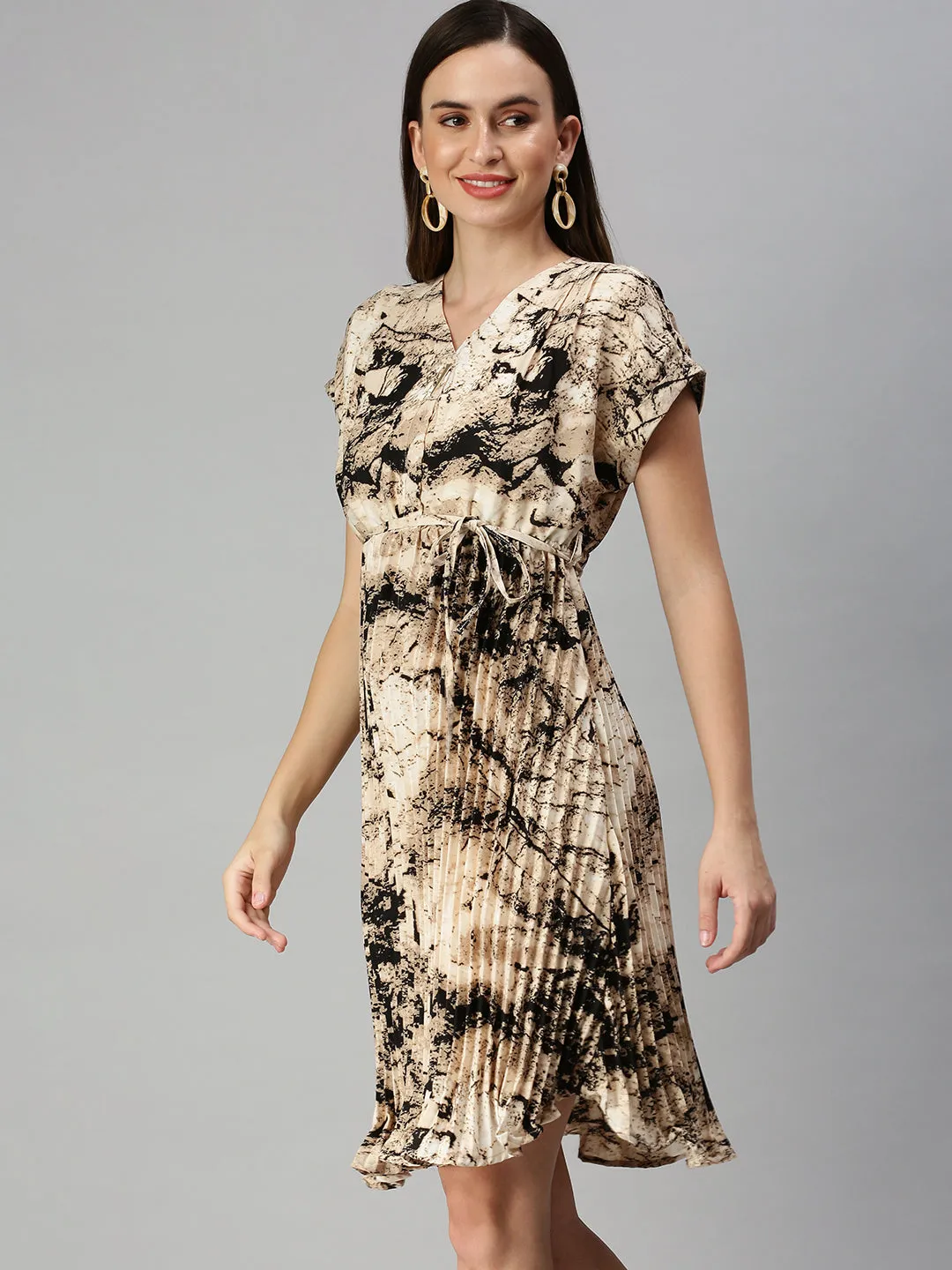 Women V-Neck Printed A-Line Beige Dress