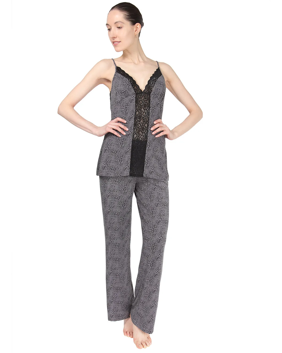 Women's Lace Trim Animal Print Lightweight Cami Pajama Set